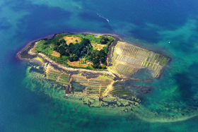 ILE;ISLAND;GOLFE;MORBIHAN;ILE AUX MOINES;CREIZIC;AERIAL;AERIEN;MAREE;TIDE;BRETAGNE;BRITTANY;HUITRE;OYSTER;OSTREICOLE;OSTREICULTURE;PAYSAGE;BORD DE MER;LANDSCAPE;SEASCAPE;MER;SEA;EAU;WATER;TRANSPARENCE