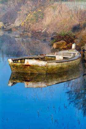 BARQUE;FLATTIE;MONKEY BOAT;MORBIHAN;PLATE;NATURE;FIELD;PAYSAGE;BORD DE MER;SEASCAPE;SEASHORE;SEASIDE;SMALL BOAT;REFLET;REFLECTION;BRUME;MIST