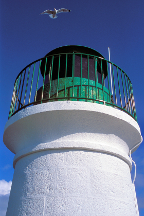 BALISE;BEACON;BORD DE MER;CIEL;LIGHTHOUSE;YEU;ILE;PHARE;SEASHORE;SKY;BLANC;WHITE;BLEU;BLUE;VERT;GREEN;OISEAU;BIRD;MOUETTE;SEAGULL